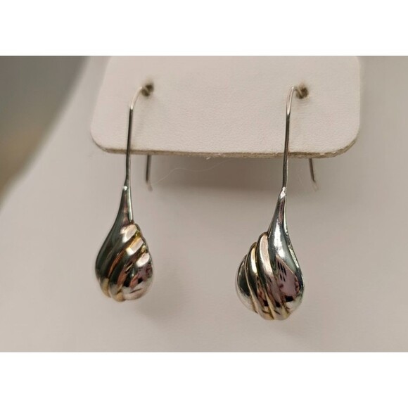 925 Ribbed with Gold Puffy Tear Drop Threader Style Earrings 1 5/8"Lx1/2"W - Picture 1 of 9